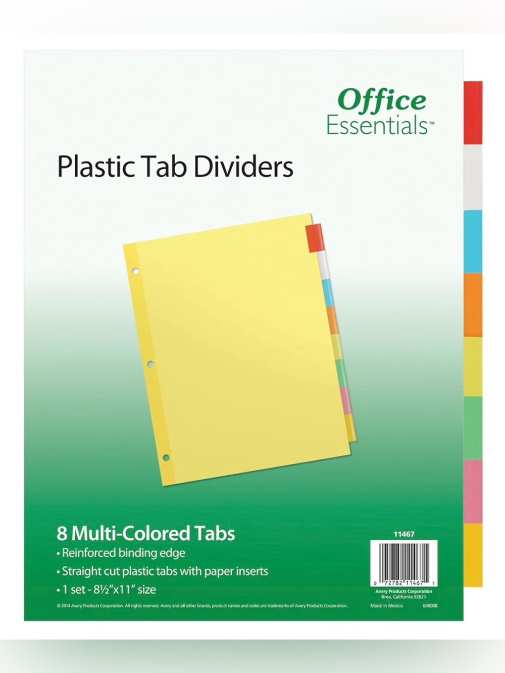 Office Essentials Plastic Tab Dividers, 8-Tabs, Set of 1 Package